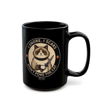 Rock Cat Mug – Funny Black Coffee Cup for Cat Lovers – I Snore, I Scars