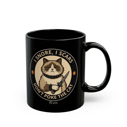 Rock Cat Mug – Funny Black Coffee Cup for Cat Lovers – I Snore, I Scars